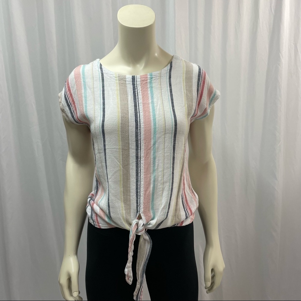 Charlie B. Linen Blend Minimalist Striped Tie Front Short Sleeved Shirt Size XS